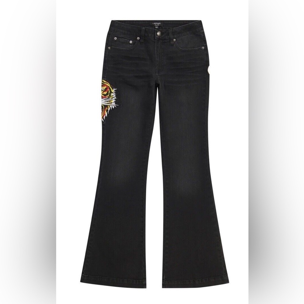ED HARDY WOMENS TIGER HEAD SLIM FLARE JEAN LOW RISE IN FADED BLACK SZ 32 NWT - Picture 2 of 15